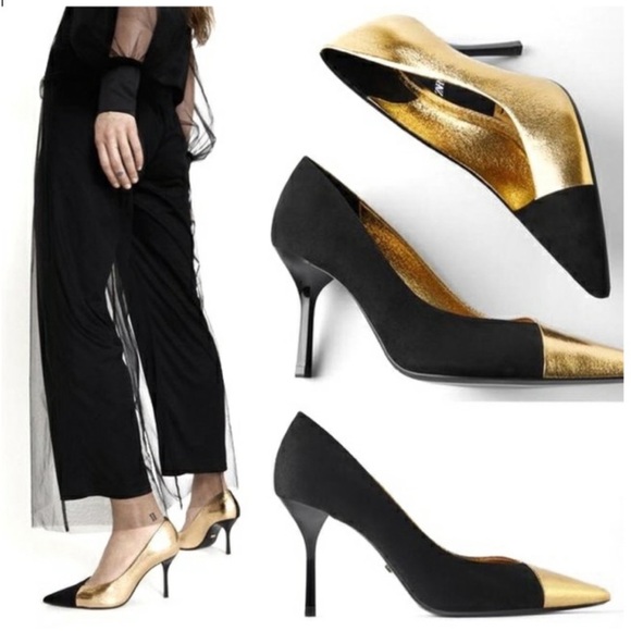 Zara Shoes - Zara Asymmetrical Black and Gold Pumps